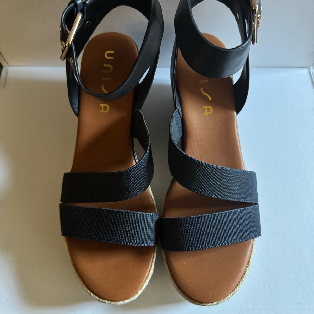 Unisa Black Elastic Strappy Ankle Sandals with Tan Insole